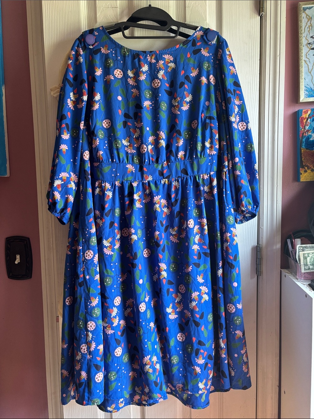 Blue Floral Long-Sleeve Midi Dress